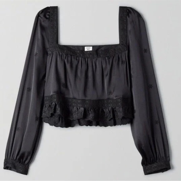 Sunday Best | Aritzia | May Day Black Satin Square Neck Ruffle Eyelet Crop Top - Picture 1 of 9